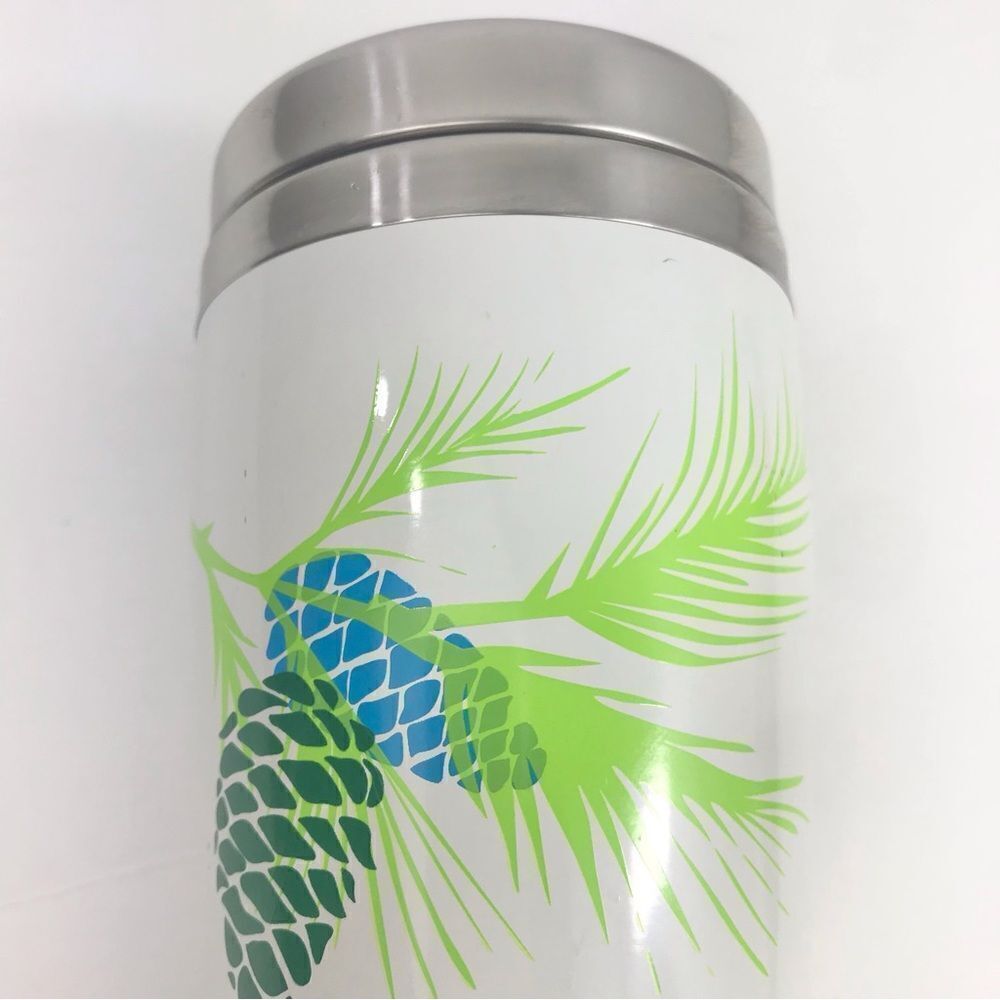 Starbucks White Travel Tumbler Green and Blue Pine Cone and Branch Design - Picture 4 of 13
